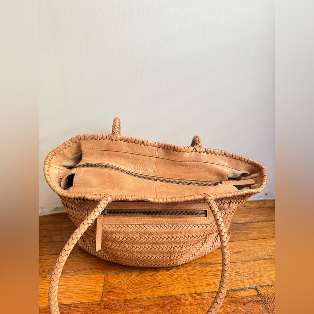 Woven Genuine Leather Tote Bag Tan Minimalist Structured Leather Bag - Picture 10 of 10
